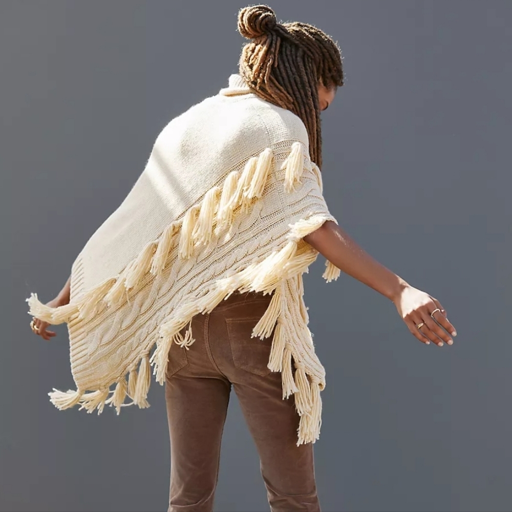 Anthropologie Turtleneck Fringed Poncho- cream - Picture 2 of 10